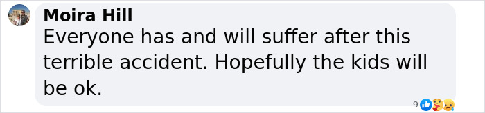 Facebook comment by Moira Hill expressing concern over a terrible accident involving a cyclist and late Olympian wife.