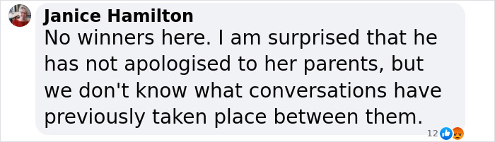 Comment from Janice Hamilton expressing surprise that cyclist has not apologized to late Olympian wife's parents after fatal crash.