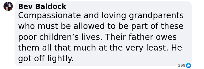 Comment by Bev Baldock expressing concern over grandparents' role and mentioning cyclist avoiding jail in fatal crash case.