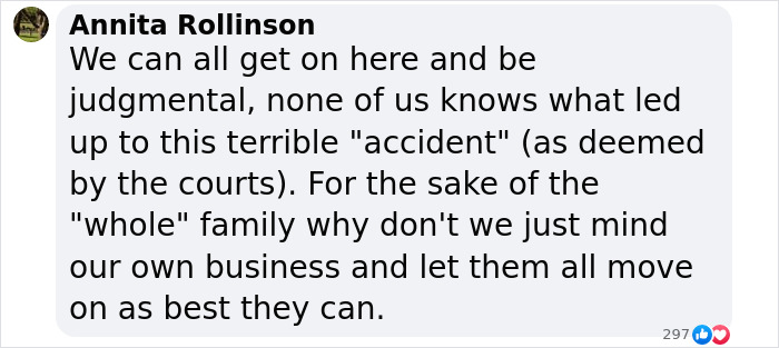 Facebook comment by Annita Rollinson discussing judgment and urging respect for family in a fatal crash cyclist apology.