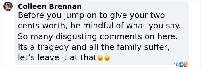 Screenshot of a Facebook comment by Colleen Brennan urging kindness after cyclist&rsquo;s apology to late Olympian wife in fatal crash case.