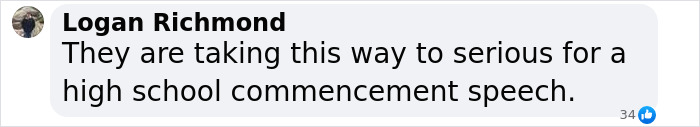 Facebook comment by Logan Richmond expressing concern over punishment fitting the crime in a high school commencement speech controversy.