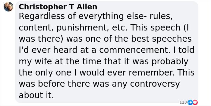 Commenter praising the valedictorian speech as memorable before controversy and punishment over the high school title dispute.