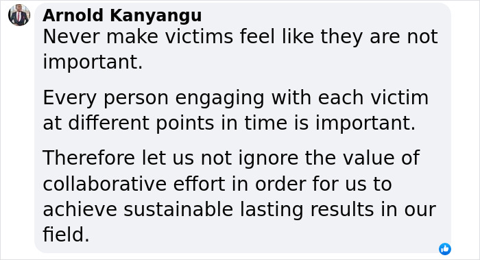 Comment by Arnold Kanyangu emphasizing the importance of supporting victims and collaborative efforts against misogyny.