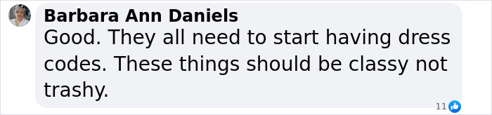 Comment by Barbara Ann Daniels supporting dress codes for classy attire, related to Halle Berry and Cannes dress code incident. Comment by Barbara Ann Daniels supporting dress codes for classy attire, related to Halle Berry and Cannes dress code incident.