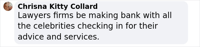 Comment from Chrisna Kitty Collard discussing lawyers profiting from celebrity clients amid Lock Them All Up trial.