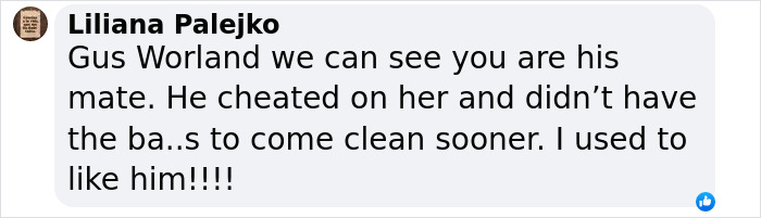 Comment from Liliana Palejko accusing Hugh Jackman of cheating and addressing his divorce and relationship issues. Comment from Liliana Palejko accusing Hugh Jackman of cheating and addressing his divorce and relationship issues.