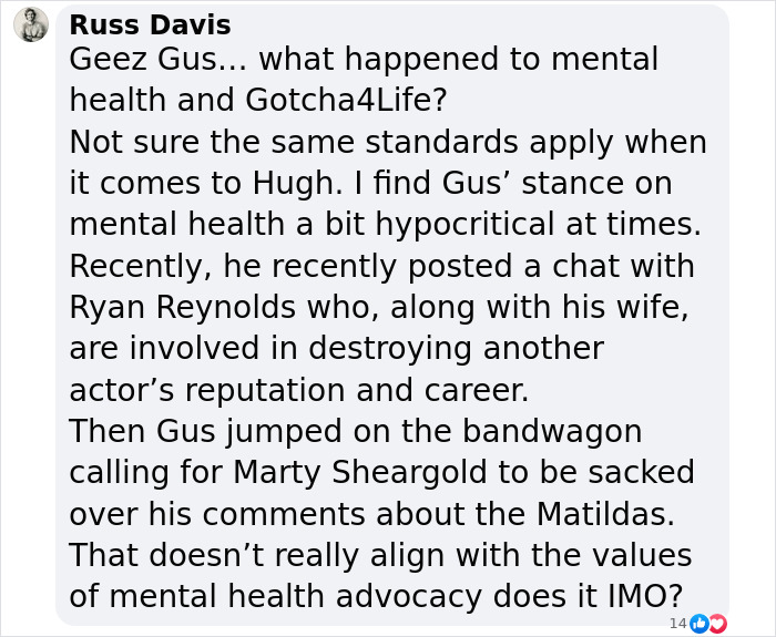 Comment discussing Hugh Jackman’s divorce, mental health standards, and celebrity reputation in a social media post. Comment discussing Hugh Jackman’s divorce, mental health standards, and celebrity reputation in a social media post.