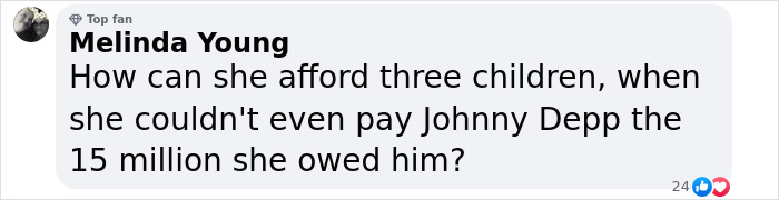Comment questioning Amber Heard’s ability to afford three children amid financial issues after twins’ birth. Comment questioning Amber Heard’s ability to afford three children amid financial issues after twins’ birth.