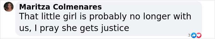 Screenshot of a Facebook comment expressing hope for justice for a child starved and locked in a closet by her mother.