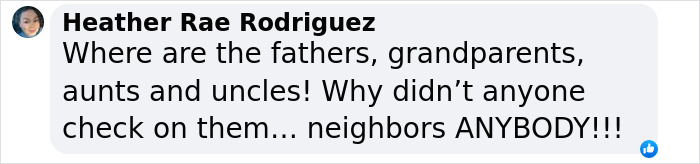 Comment by Heather Rae Rodriguez questioning why family and neighbors didn&rsquo;t check on the children involved in neglect case.