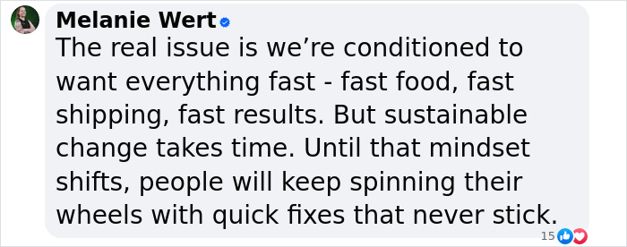 Screenshot of a social media comment discussing the mindset needed for sustainable change and fat burning with Ozempic.