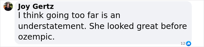 Comment text on a social media post discussing Sharon Osbourne's appearance and mentioning Ozempic preventing weight gain. Comment text on a social media post discussing Sharon Osbourne's appearance and mentioning Ozempic preventing weight gain.