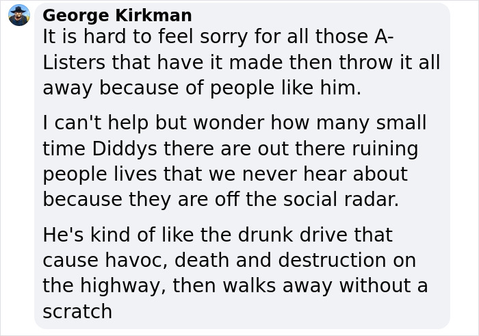 User comment mentioning Diddy's impact compared to Britney Spears' wild party referenced during trial discussion.