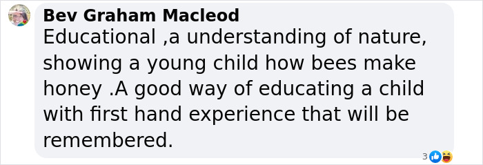 Facebook comment praising educational beekeeping clip with a child learning about bees and honey production. Facebook comment praising educational beekeeping clip with a child learning about bees and honey production.