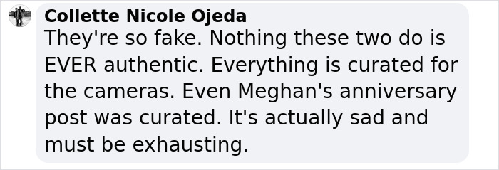 Comment criticizing Meghan Markle for a curated anniversary post, sparking debate about authenticity and Prince Harry.