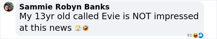 Comment from Sammie Robyn Banks expressing that her 13-year-old Evie is not impressed by Peppa Pig's Mummy Pig birth news. Comment from Sammie Robyn Banks expressing that her 13-year-old Evie is not impressed by Peppa Pig's Mummy Pig birth news.