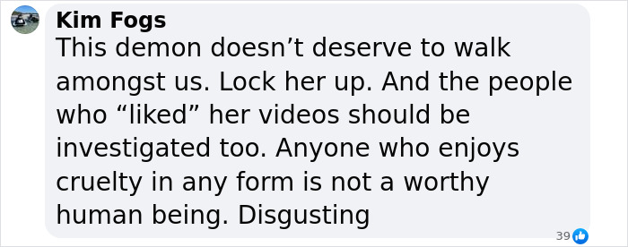 Comment expressing outrage over animal cruelty videos and supporting prison time for the woman torturing animals.