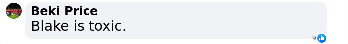 Comment by Beki Price stating Blake is toxic in a Facebook discussion about Blake Lively allegedly blackmailing Taylor Swift.
