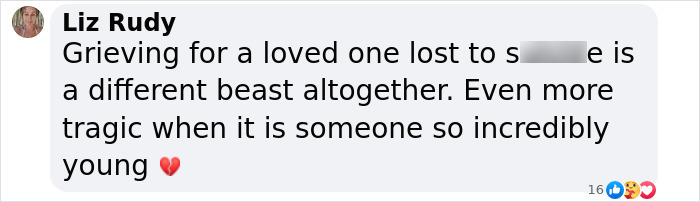 Comment from Liz Rudy expressing grief over losing a young loved one to suicide, shown with a broken heart emoji. Comment from Liz Rudy expressing grief over losing a young loved one to suicide, shown with a broken heart emoji.