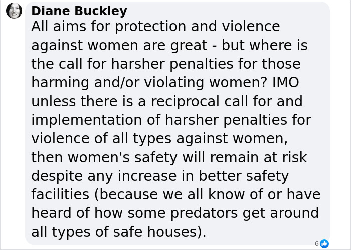 Comment by Diane Buckley discussing harsher penalties and protection against misogyny and gender-based violence toward women.