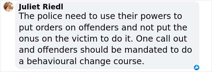 Comment from Juliet Riedl emphasizing police responsibility in addressing misogyny and enforcing behavioral change courses for offenders.