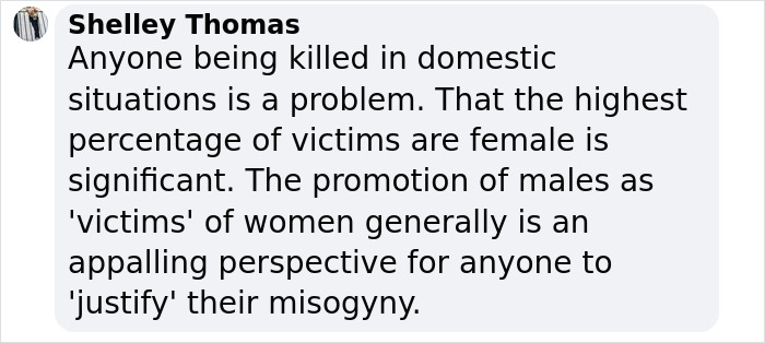 Facebook comment by Shelley Thomas addressing misogyny and gender-based violence in domestic situations.