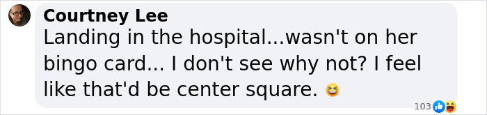 Comment from Courtney Lee about hospital visit, discussing unexpected hospital landing and expressing confusion humorously.