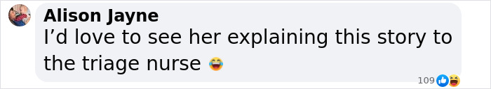 Comment from Allison Jayne on social media, mentioning explaining a story to a triage nurse with emojis.