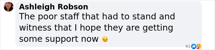 Comment by Ashleigh Robson expressing sympathy for staff who witnessed a tragic event involving an experienced skydiver.