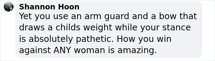 Screenshot of a social media comment criticizing a trans archer's stance on winning against cis women in archery.