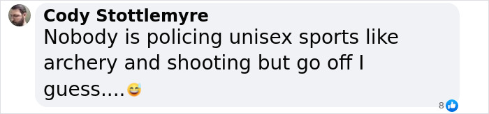 Comment by Cody Stottlemyre discussing backlash in archery and unisex sports with a skeptical emoji response.