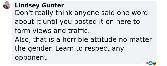 Screenshot of a social media comment criticizing a trans archer&rsquo;s attitude about winning against cis women and respect for opponents.