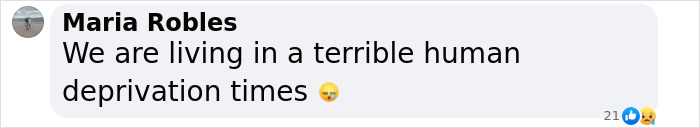 Screenshot of a Facebook comment by Maria Robles about living in terrible human deprivation times.