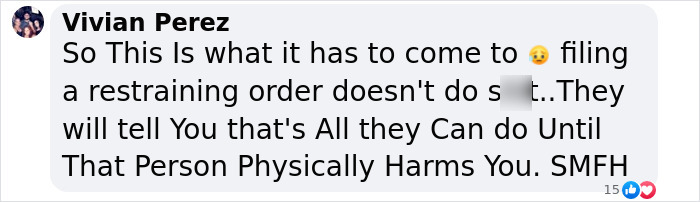 ALT text: Social media comment expressing frustration over filing restraining orders and physical harm in a domestic situation.