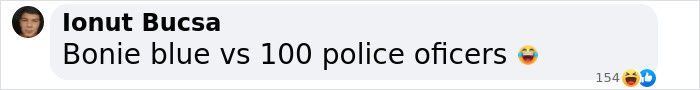 Comment reading Bonie Blue versus 100 police officers with laughing emoji, referencing Bonnie Blue's arrest and sister's update.