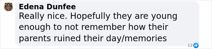 Facebook comment from Edena Dunfee expressing hope that children won&rsquo;t remember a traumatic brawl between parents at kindergarten graduation.