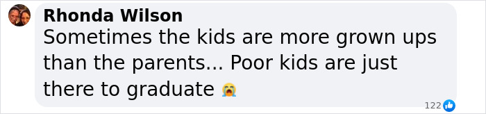 Comment by Rhonda Wilson expressing sadness about kids at kindergarten graduation while parents brawl traumatically.