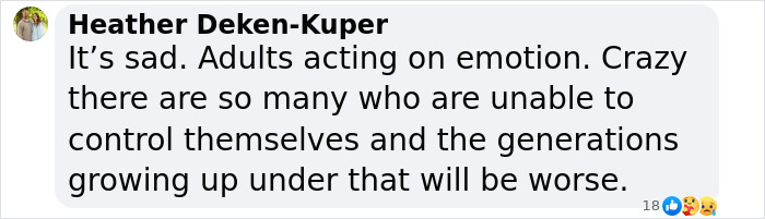 Facebook comment by Heather Deken-Kuper expressing concern about adults losing control during a traumatic brawl at kindergarten graduation.