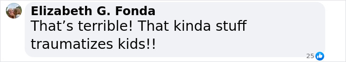 Facebook comment by Elizabeth G. Fonda expressing concern about traumatic impact on kids from a brawl at kindergarten graduation.