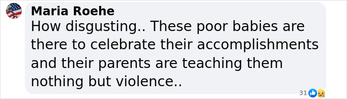 Comment expressing disgust about a traumatic brawl between parents at a kindergarten graduation disrupting children's celebration.