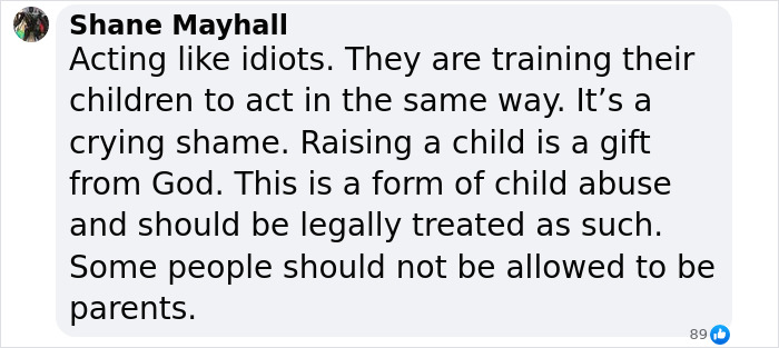 Comment criticizing parents for their behavior, calling it traumatic and harmful to children at a kindergarten event.