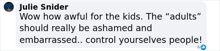Comment from Julie Snider criticizing adults for their behavior during a traumatic brawl between parents at kindergarten graduation.