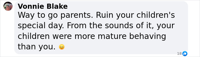 Facebook comment from Vonnie Blake criticizing parents for causing a traumatic brawl at kindergarten graduation while kids beg for peace.