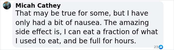 Screenshot of a social media comment discussing side effects, including nausea and appetite changes, related to Ozempic tongue.