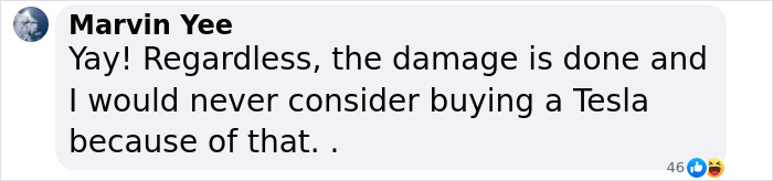 Comment on social media expressing refusal to buy a Tesla due to recent damage and dissatisfaction.