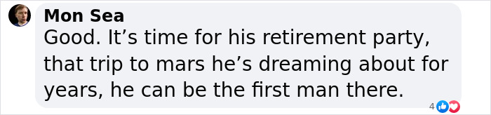 Comment about Elon Musk&rsquo;s retirement and dream trip to Mars in a social media post discussing Tesla CEO search.