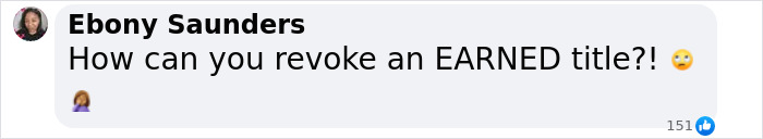Facebook comment from Ebony Saunders expressing disbelief about revoking an earned valedictorian title over speech controversy.