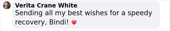 Comment from Verita Crane White sending best wishes for Bindi Irwin's speedy recovery after medical emergency in hospital.