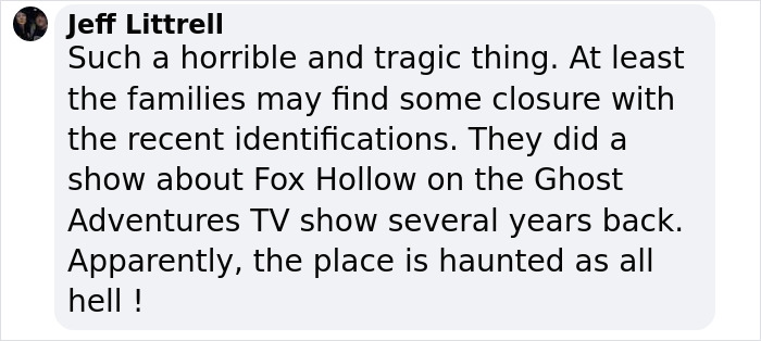 Comment by Jeff Littrell expressing tragedy over suspected serial killer farm and recent victim identifications.